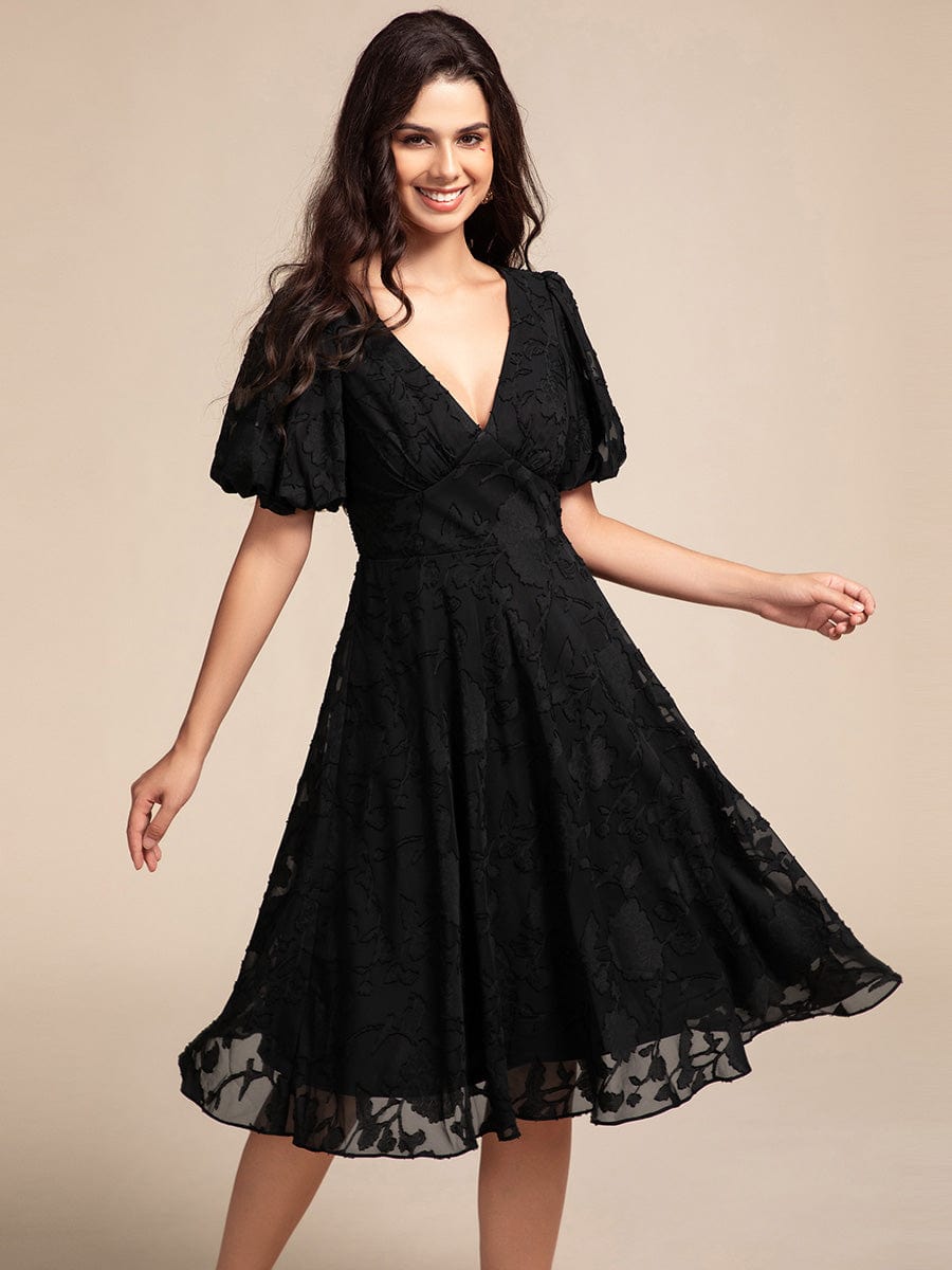 V-neck Puffy Midi Wedding Guest Dress With Short Sleeves #color_Black