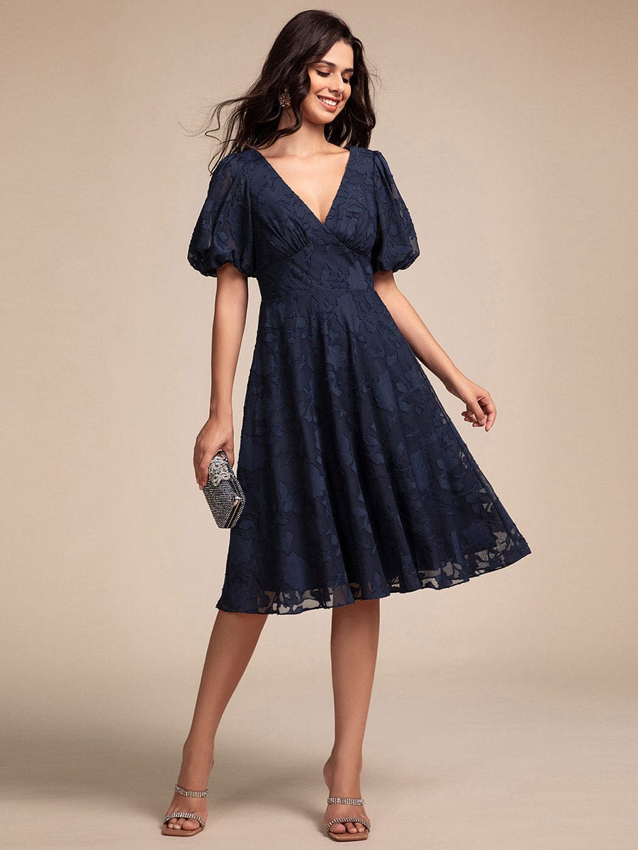 V-neck Puffy Midi Wedding Guest Dress With Short Sleeves #color_Navy Blue