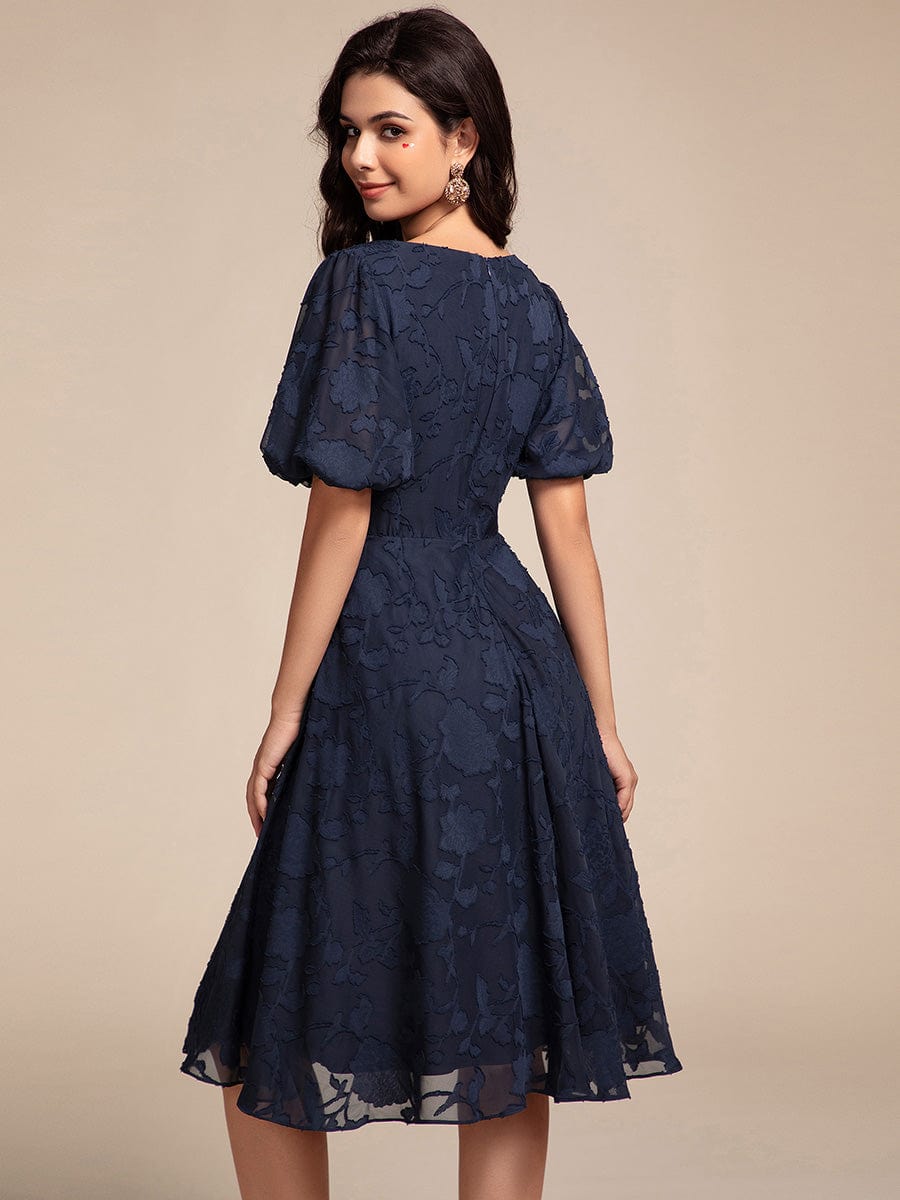 V-neck Puffy Midi Wedding Guest Dress With Short Sleeves #color_Navy Blue