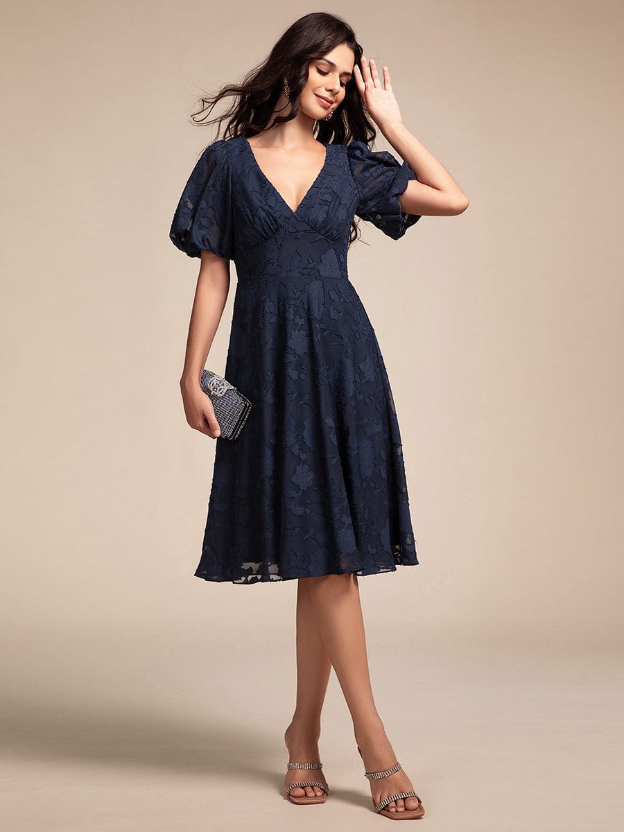 V-neck Puffy Midi Wedding Guest Dress With Short Sleeves #color_Navy Blue