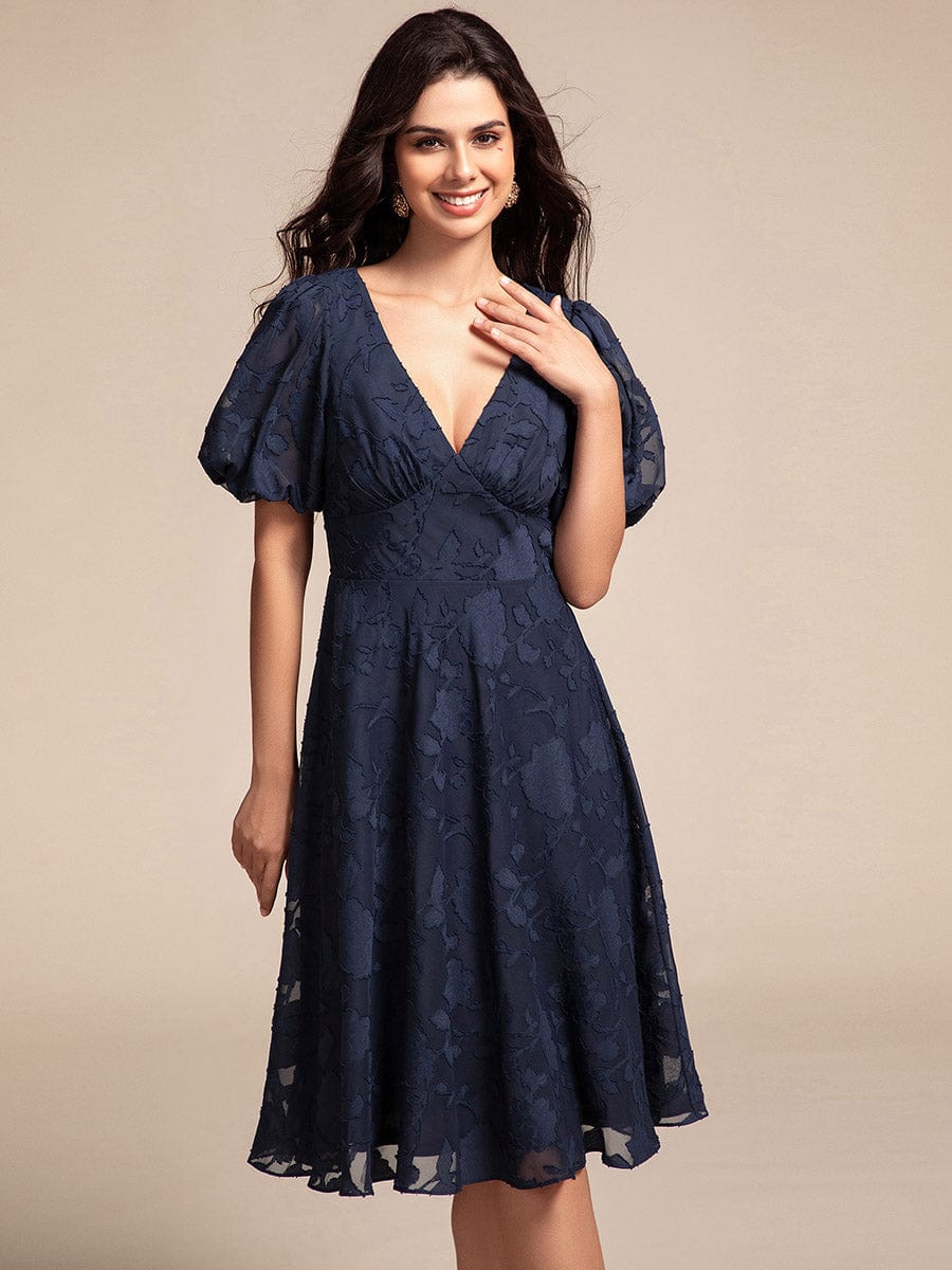 V-neck Puffy Midi Wedding Guest Dress With Short Sleeves #color_Navy Blue