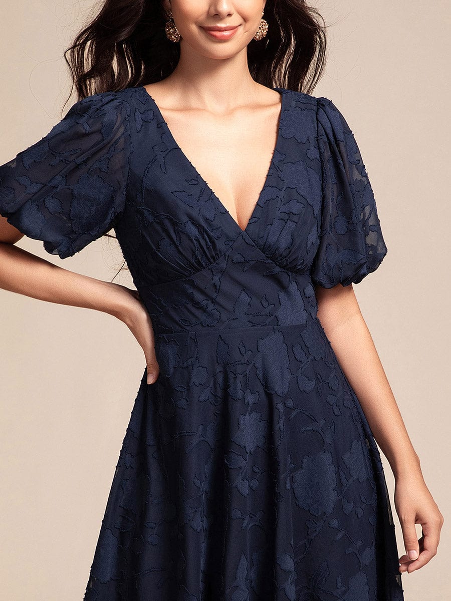 V-neck Puffy Midi Wedding Guest Dress With Short Sleeves #color_Navy Blue