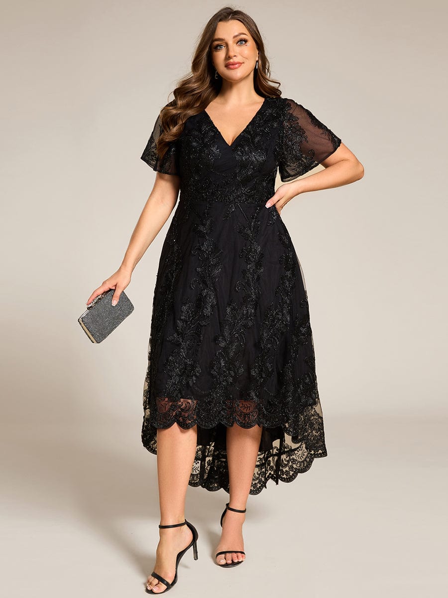 Embroidered Mesh High-Low Midi Wedding Guest Dress with Short Sleeves #color_Black