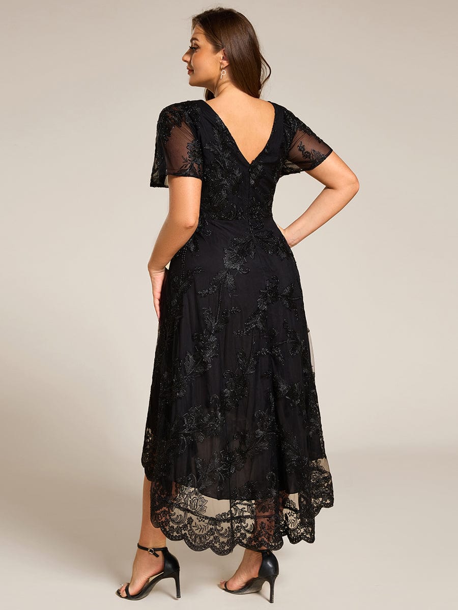 Embroidered Mesh High-Low Midi Wedding Guest Dress with Short Sleeves #color_Black