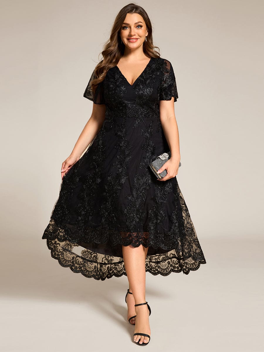 Embroidered Mesh High-Low Midi Wedding Guest Dress with Short Sleeves #color_Black