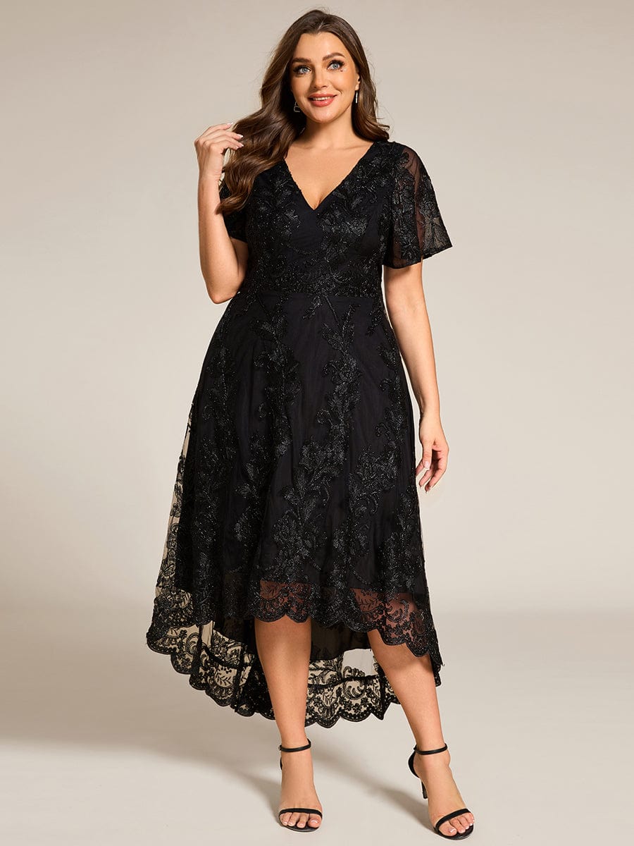 Embroidered Mesh High-Low Midi Wedding Guest Dress with Short Sleeves #color_Black