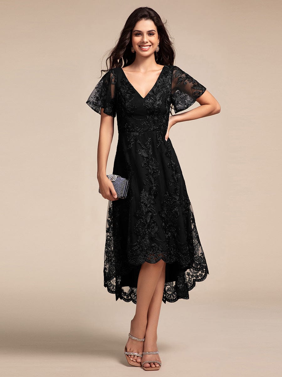 Embroidered Mesh High-Low Midi Wedding Guest Dress with Short Sleeves #color_Black