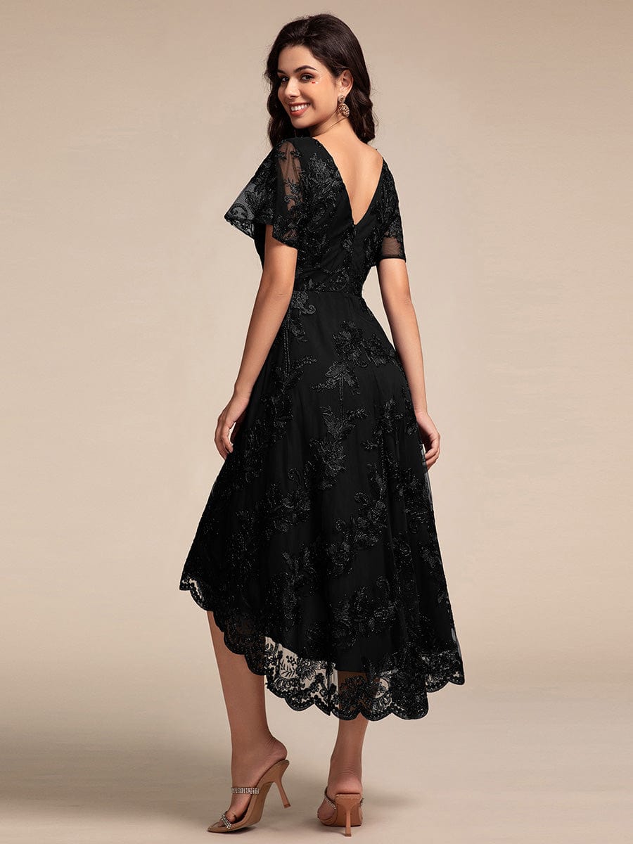 Embroidered Mesh High-Low Midi Wedding Guest Dress with Short Sleeves #color_Black