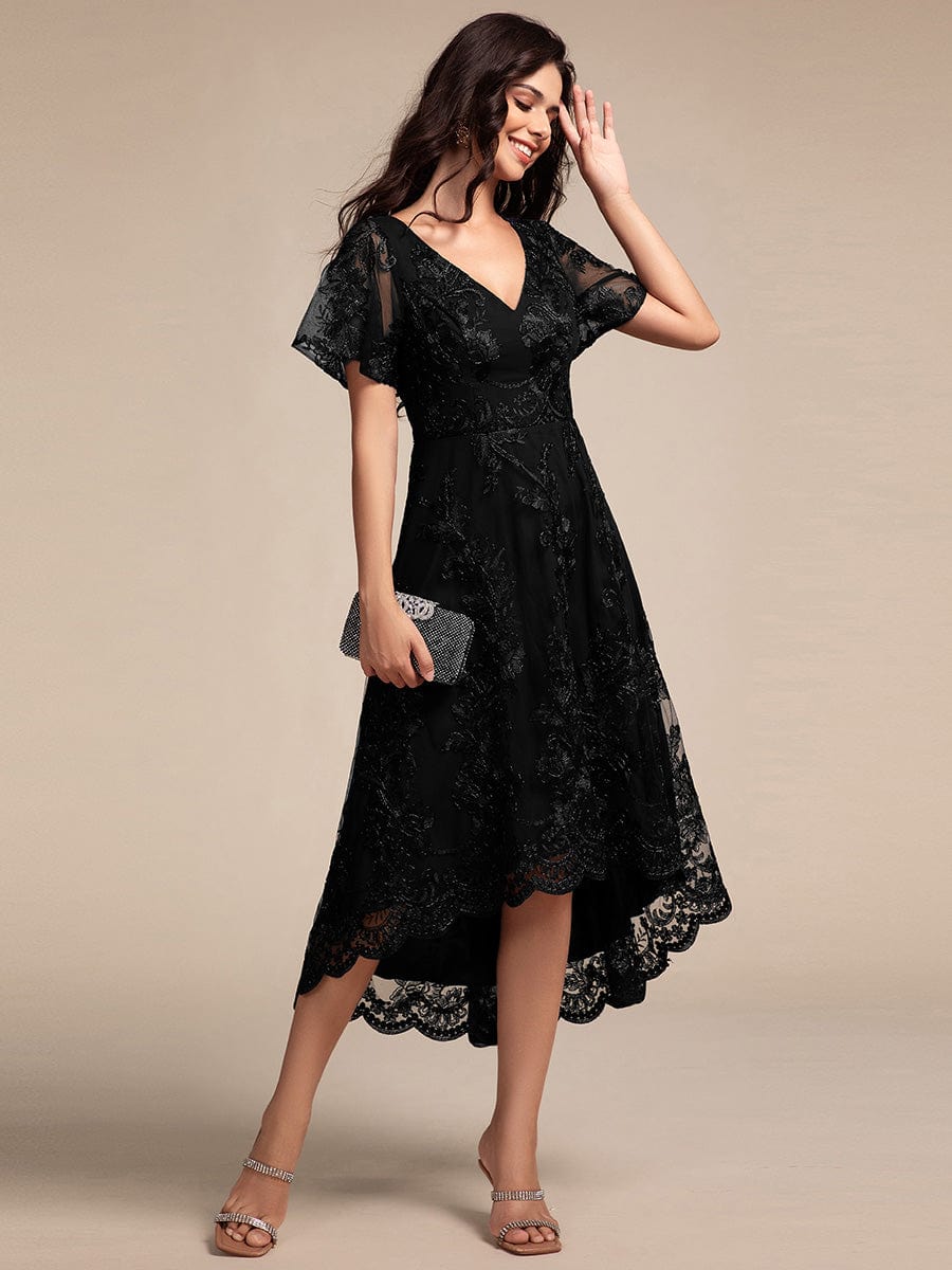 Embroidered Mesh High-Low Midi Wedding Guest Dress with Short Sleeves #color_Black