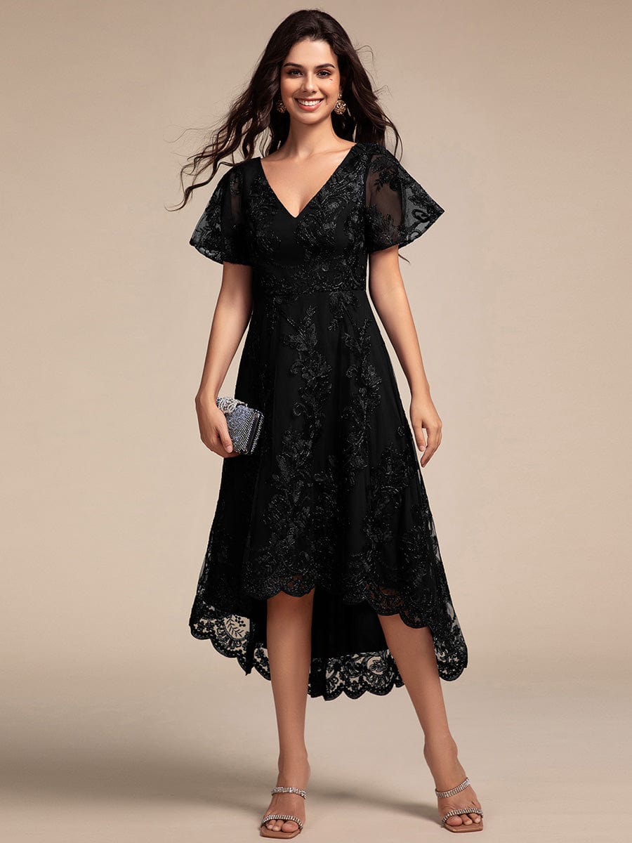 Embroidered Mesh High-Low Midi Wedding Guest Dress with Short Sleeves #color_Black