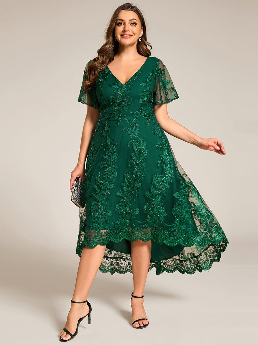 Embroidered Mesh High-Low Midi Wedding Guest Dress with Short Sleeves #color_Dark Green