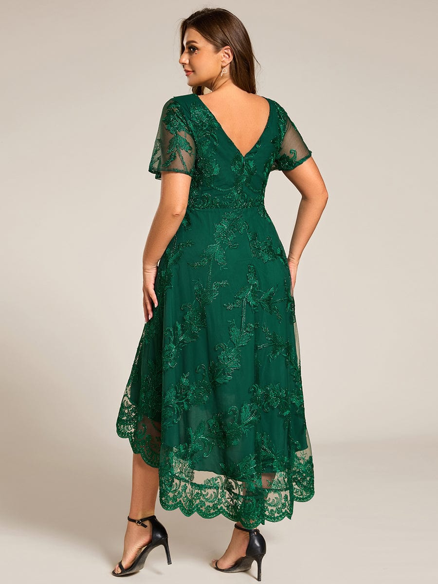 Embroidered Mesh High-Low Midi Wedding Guest Dress with Short Sleeves #color_Dark Green