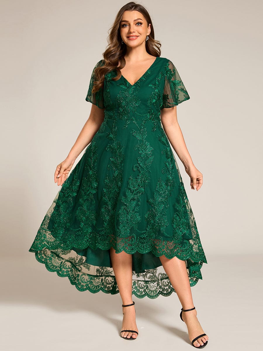 Embroidered Mesh High-Low Midi Wedding Guest Dress with Short Sleeves #color_Dark Green