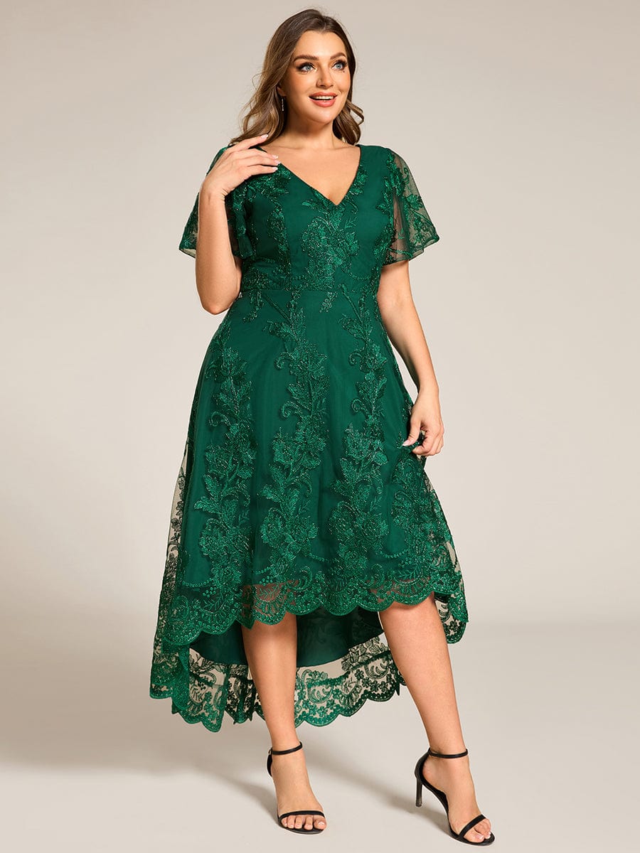 Embroidered Mesh High-Low Midi Wedding Guest Dress with Short Sleeves #color_Dark Green