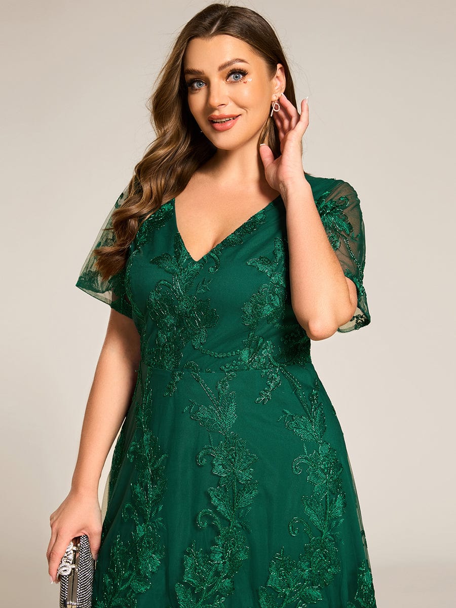 Embroidered Mesh High-Low Midi Wedding Guest Dress with Short Sleeves #color_Dark Green