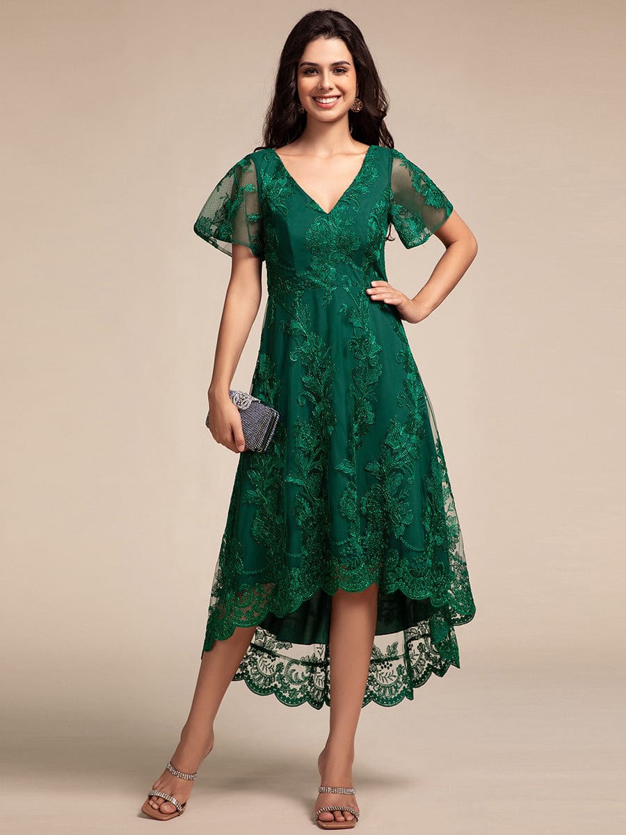 Embroidered Mesh High-Low Midi Wedding Guest Dress with Short Sleeves #color_Dark Green