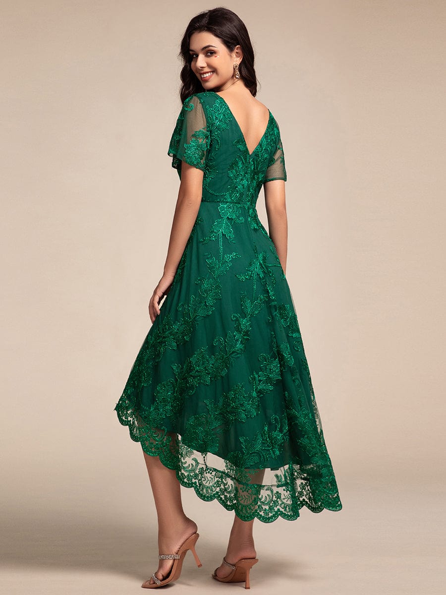 Embroidered Mesh High-Low Midi Wedding Guest Dress with Short Sleeves #color_Dark Green