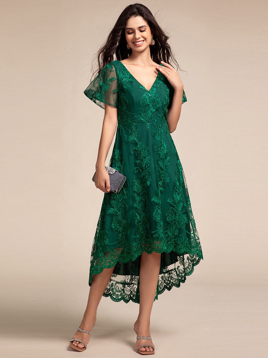 Embroidered Mesh High-Low Midi Wedding Guest Dress with Short Sleeves #color_Dark Green