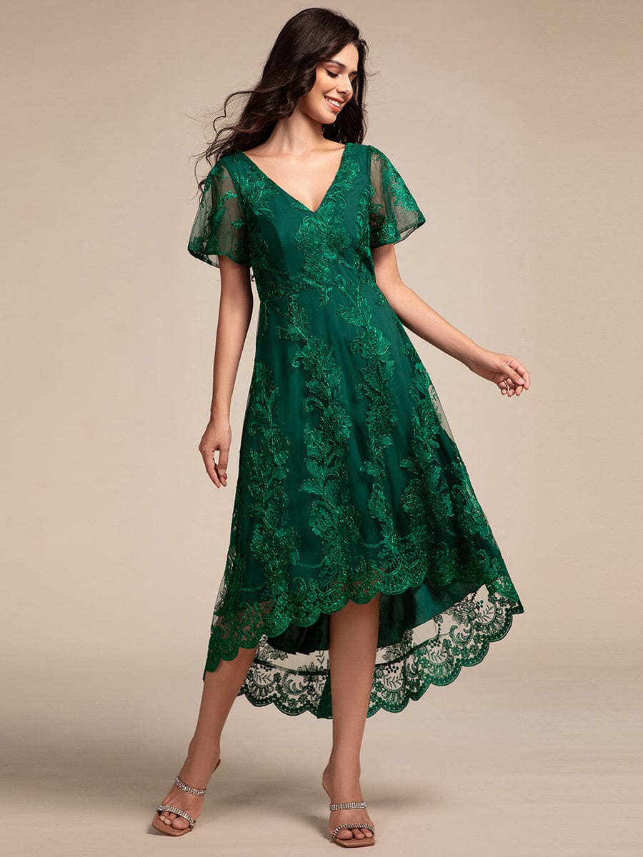 Embroidered Mesh High-Low Midi Wedding Guest Dress with Short Sleeves #color_Dark Green