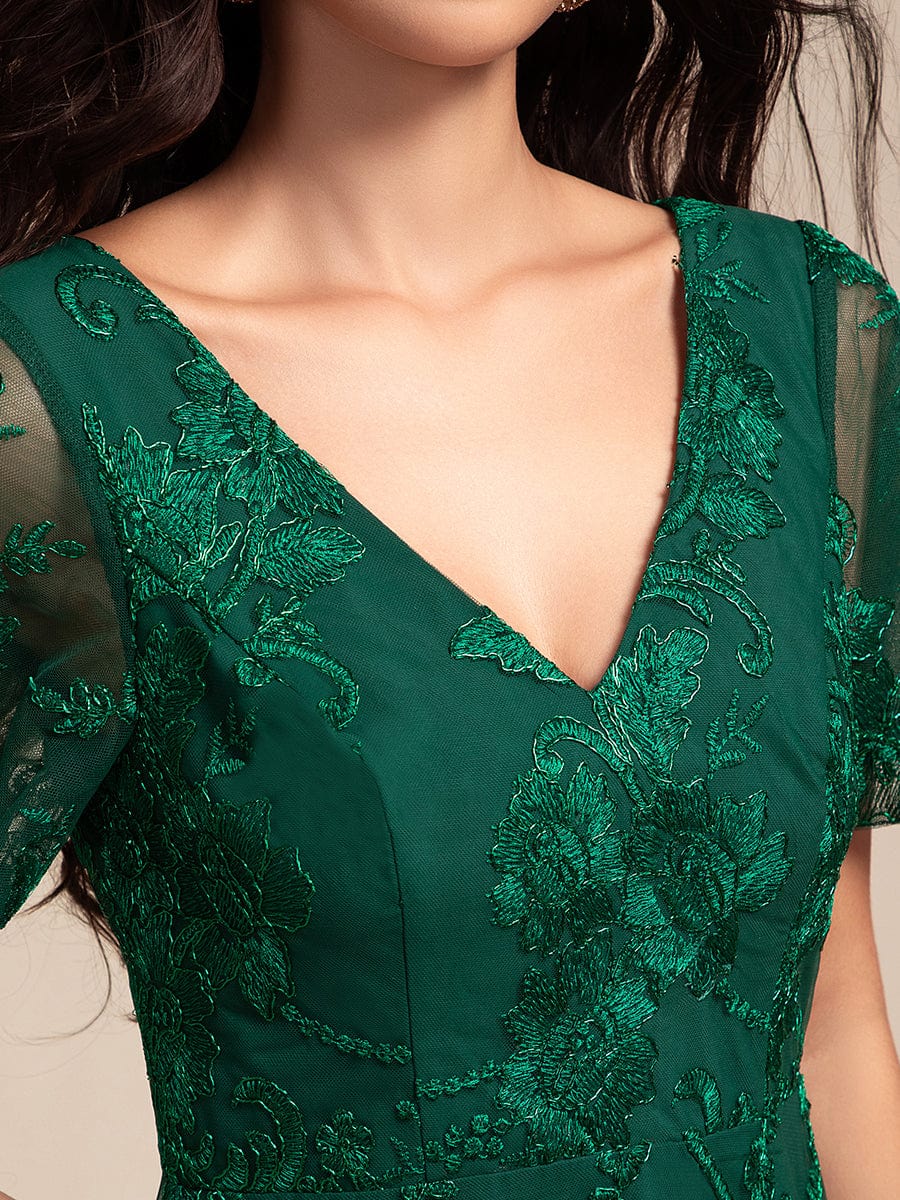 Embroidered Mesh High-Low Midi Wedding Guest Dress with Short Sleeves #color_Dark Green