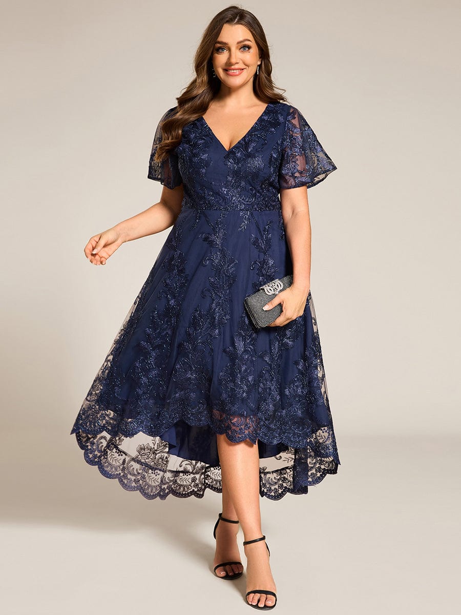 Embroidered Mesh High-Low Midi Wedding Guest Dress with Short Sleeves #color_Navy Blue