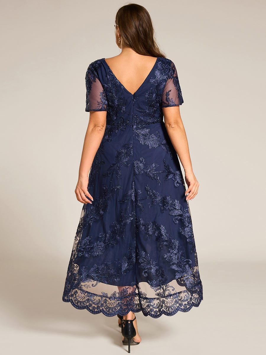 Embroidered Mesh High-Low Midi Wedding Guest Dress with Short Sleeves #color_Navy Blue