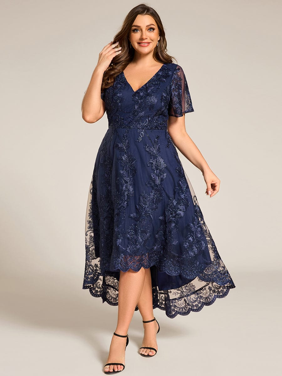 Embroidered Mesh High-Low Midi Wedding Guest Dress with Short Sleeves #color_Navy Blue