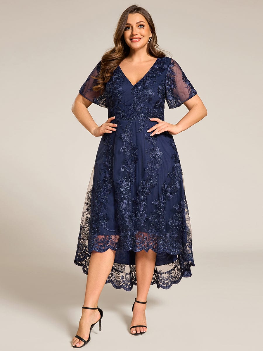 Embroidered Mesh High-Low Midi Wedding Guest Dress with Short Sleeves #color_Navy Blue