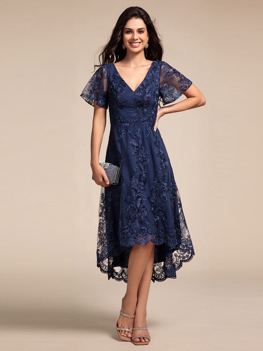 Embroidered Mesh High-Low Midi Wedding Guest Dress with Short Sleeves #color_Navy Blue