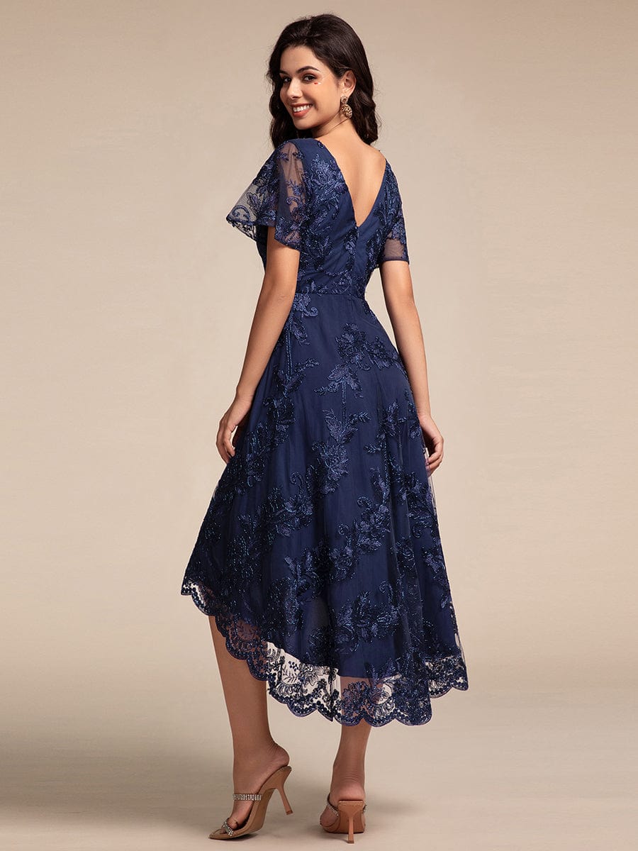 Embroidered Mesh High-Low Midi Wedding Guest Dress with Short Sleeves #color_Navy Blue