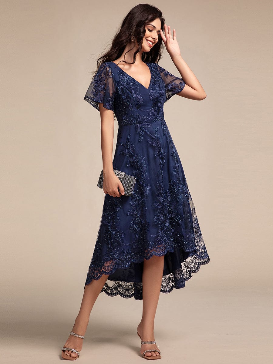 Embroidered Mesh High-Low Midi Wedding Guest Dress with Short Sleeves #color_Navy Blue