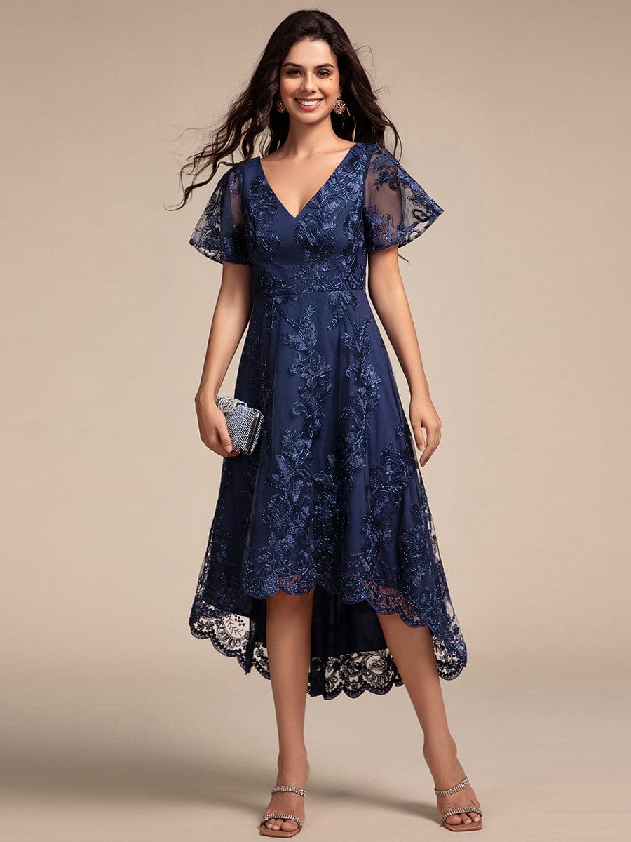 Embroidered Mesh High-Low Midi Wedding Guest Dress with Short Sleeves #color_Navy Blue