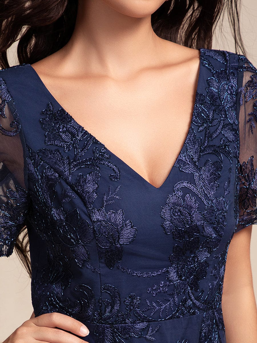 Embroidered Mesh High-Low Midi Wedding Guest Dress with Short Sleeves #color_Navy Blue