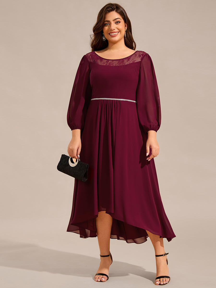 Round Neck Long Sleeve Chiffon High Low Wedding Guest Dress #color_Burgundy