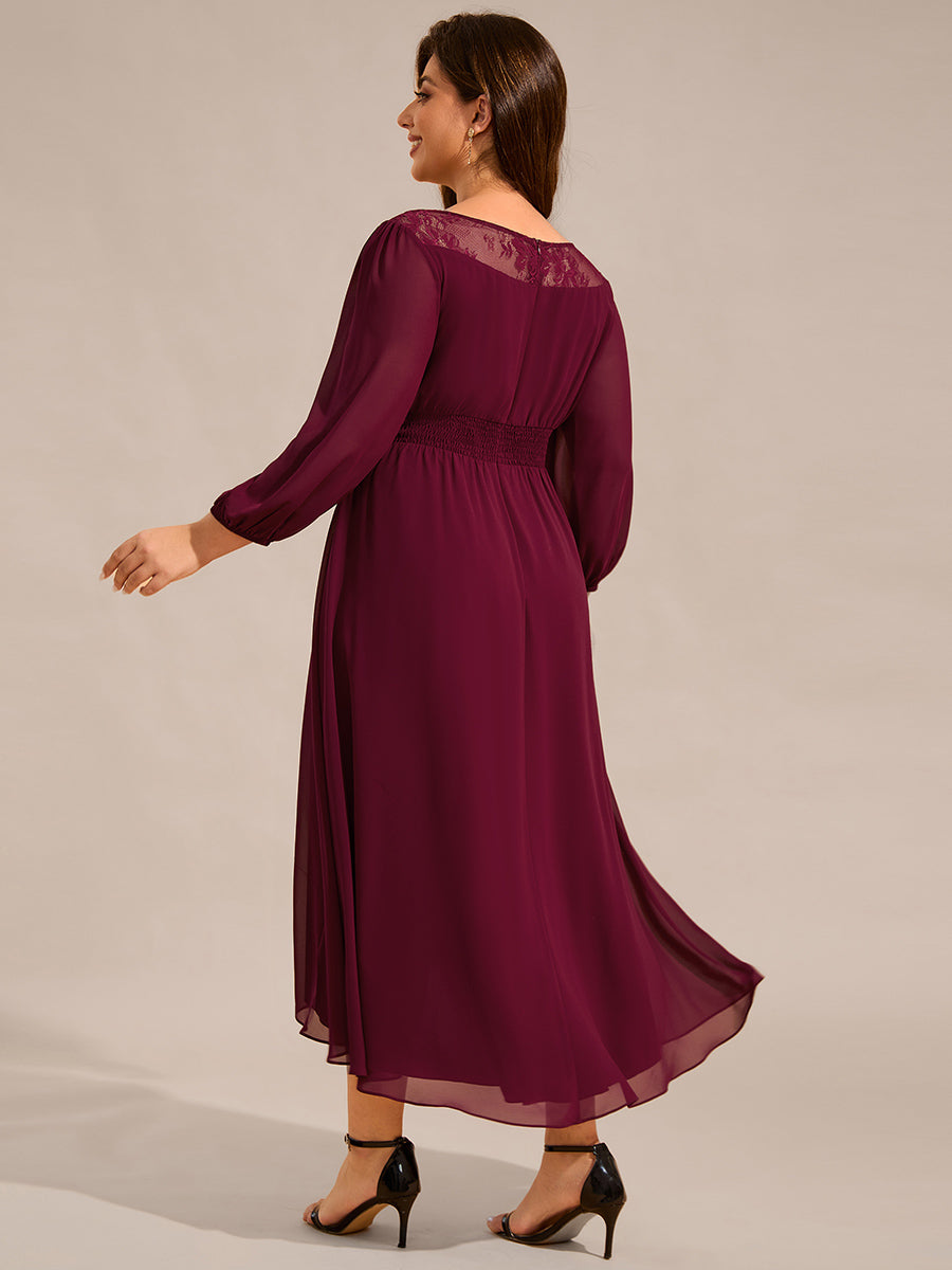 Round Neck Long Sleeve Chiffon High Low Wedding Guest Dress #color_Burgundy