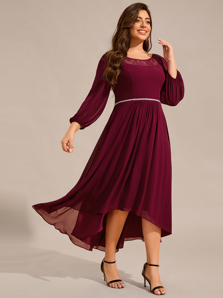 Round Neck Long Sleeve Chiffon High Low Wedding Guest Dress #color_Burgundy