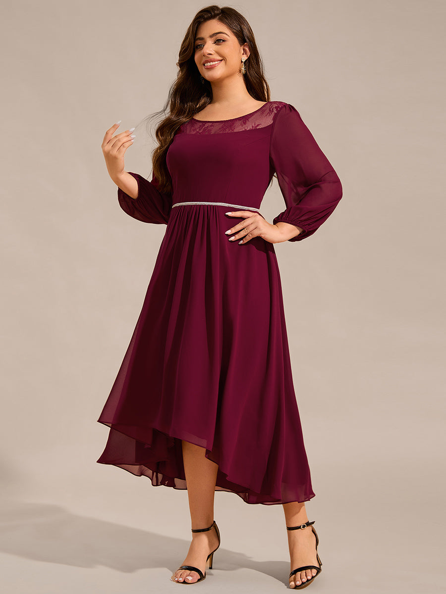 Round Neck Long Sleeve Chiffon High Low Wedding Guest Dress #color_Burgundy