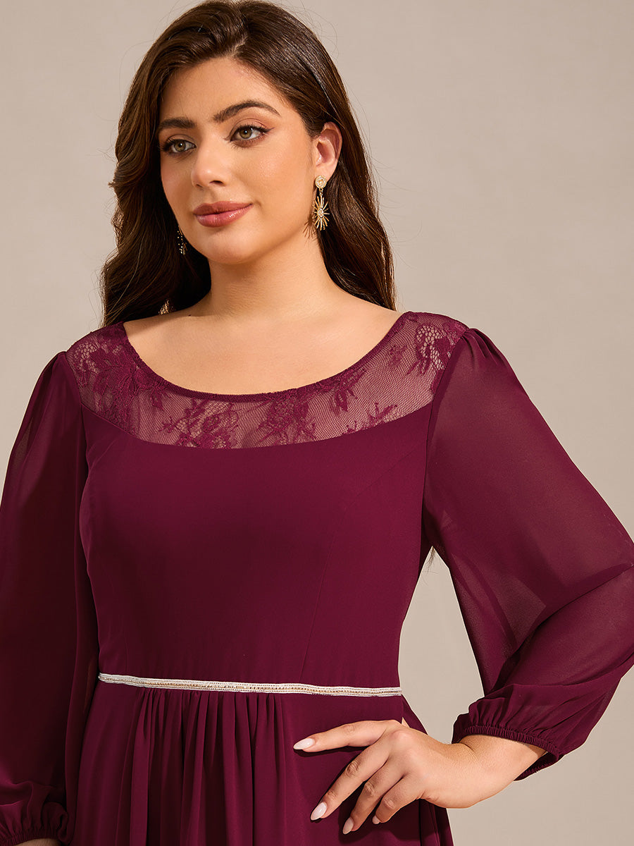 Round Neck Long Sleeve Chiffon High Low Wedding Guest Dress #color_Burgundy