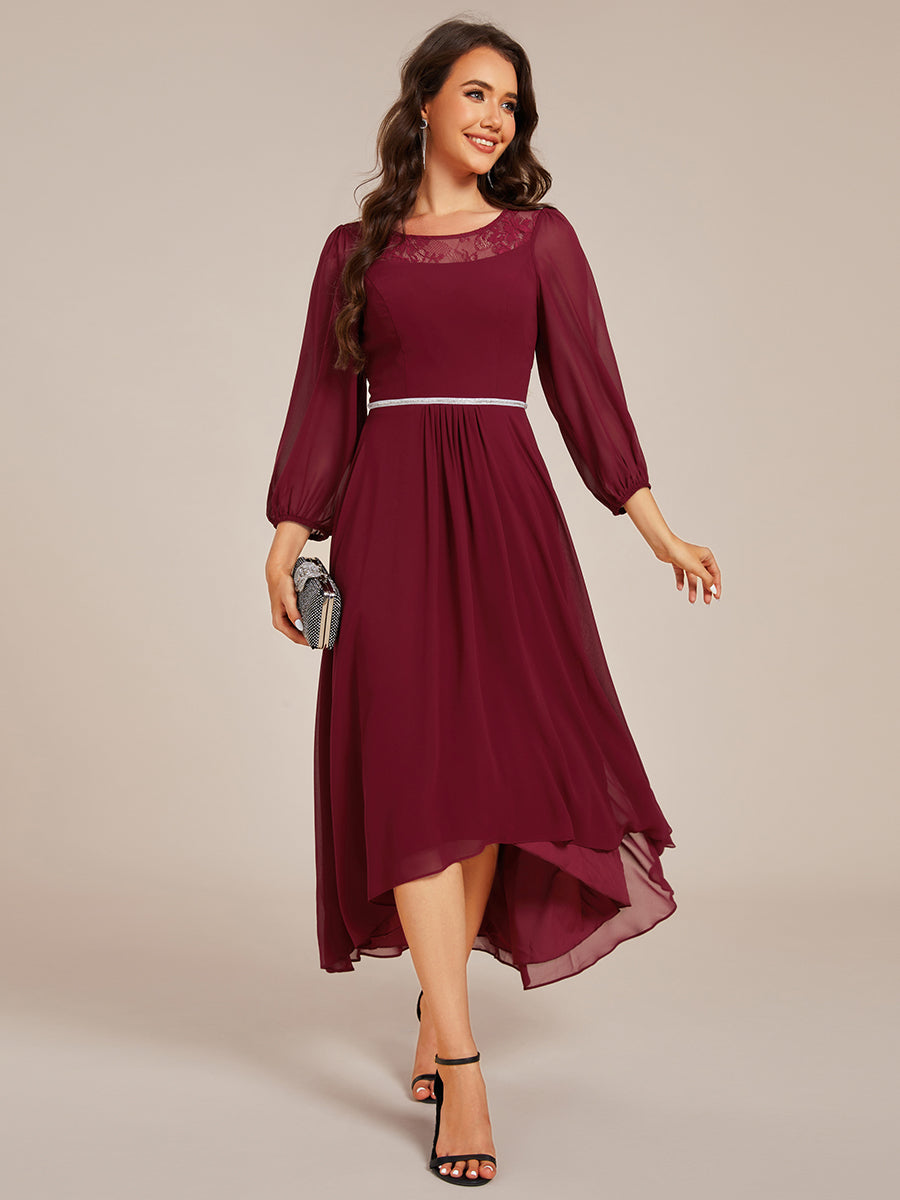 Round Neck Long Sleeve Chiffon High Low Wedding Guest Dress #color_Burgundy