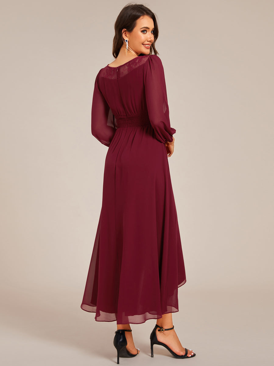 Round Neck Long Sleeve Chiffon High Low Wedding Guest Dress #color_Burgundy