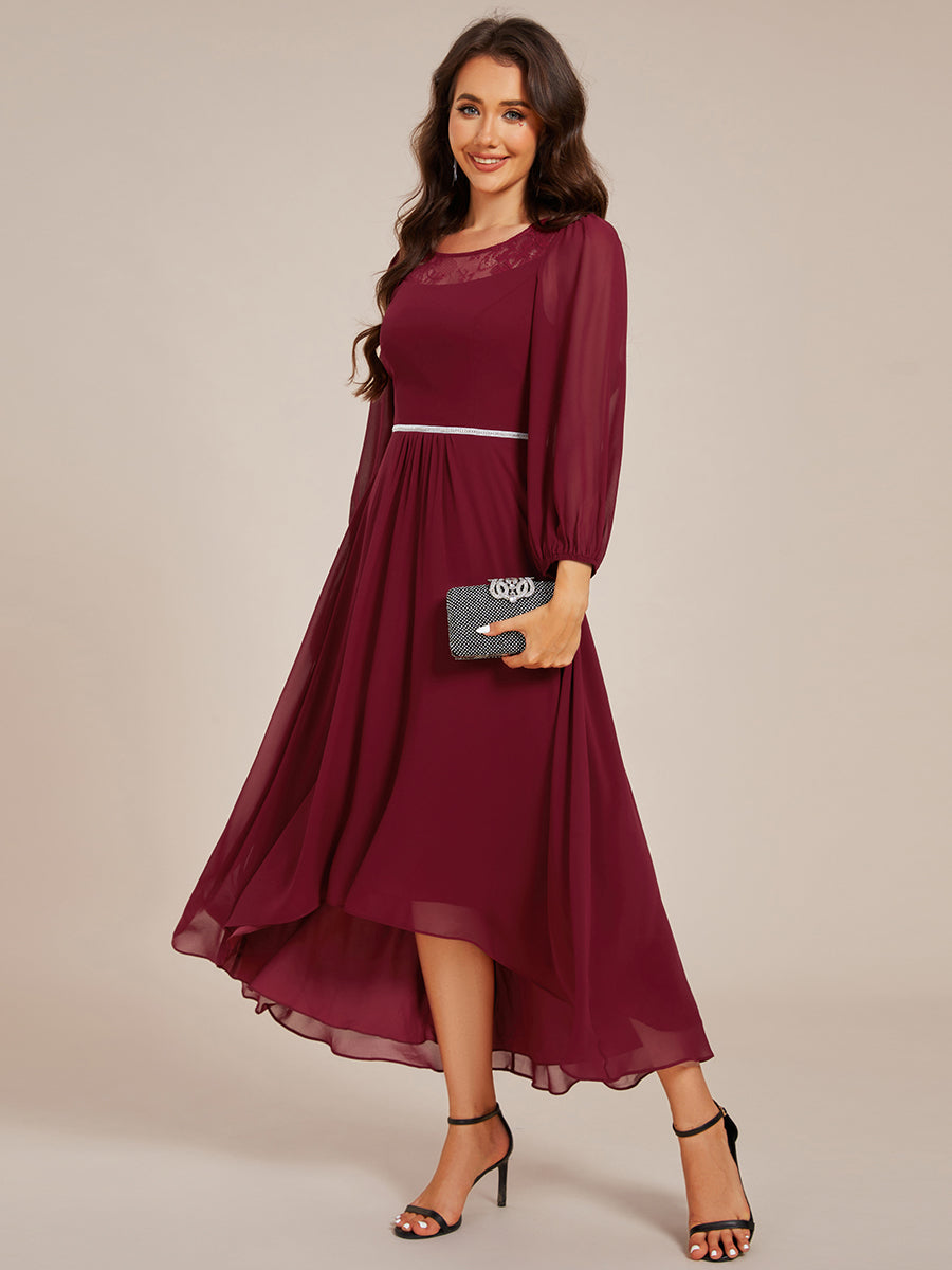 Round Neck Long Sleeve Chiffon High Low Wedding Guest Dress #color_Burgundy