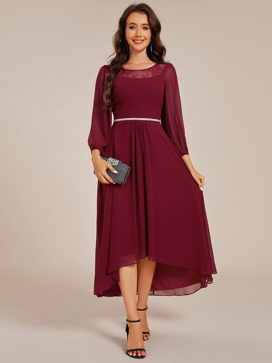 Round Neck Long Sleeve Chiffon High Low Wedding Guest Dress #color_Burgundy