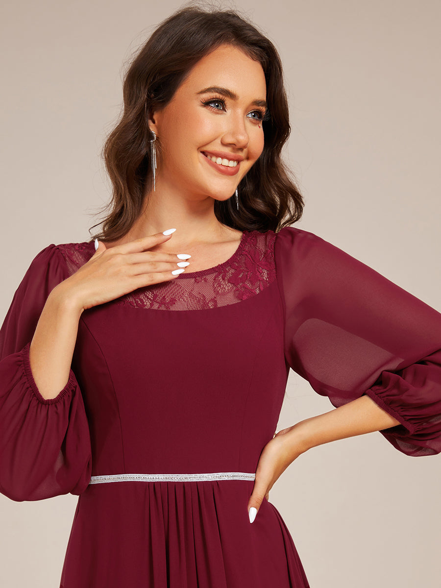 Round Neck Long Sleeve Chiffon High Low Wedding Guest Dress #color_Burgundy