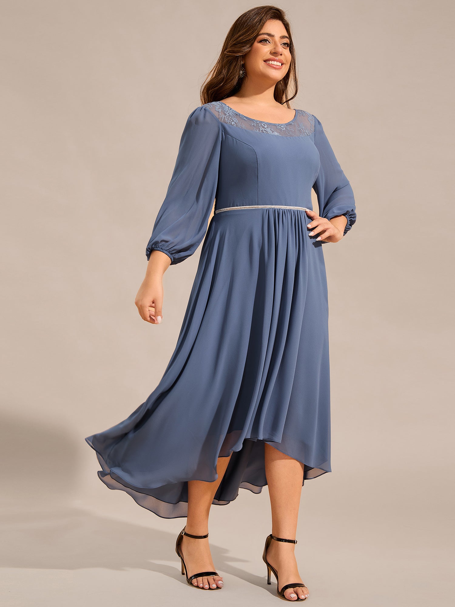 Round Neck Long Sleeve Chiffon High Low Wedding Guest Dress #color_Dusty Blue