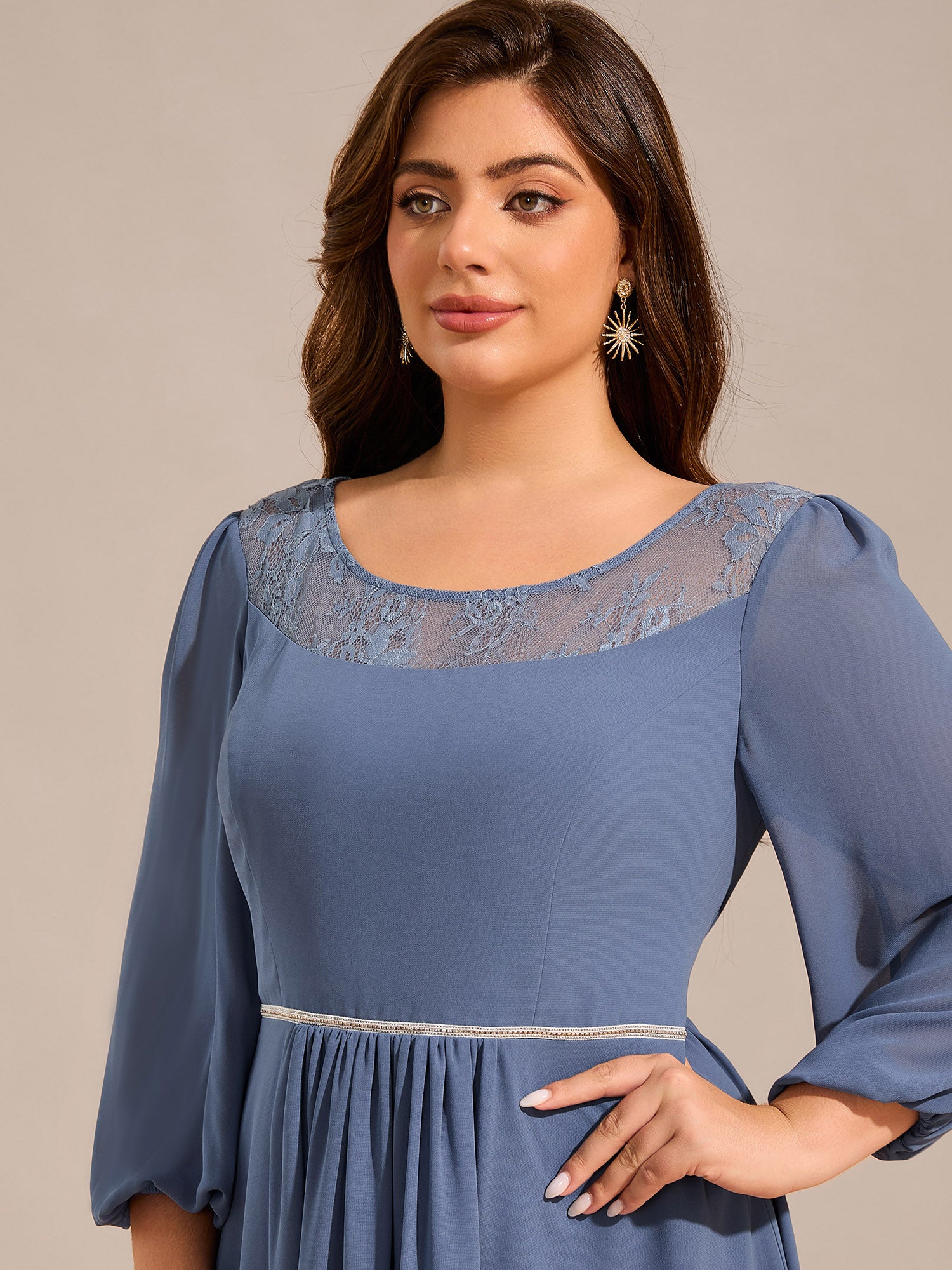 Round Neck Long Sleeve Chiffon High Low Wedding Guest Dress #color_Dusty Blue