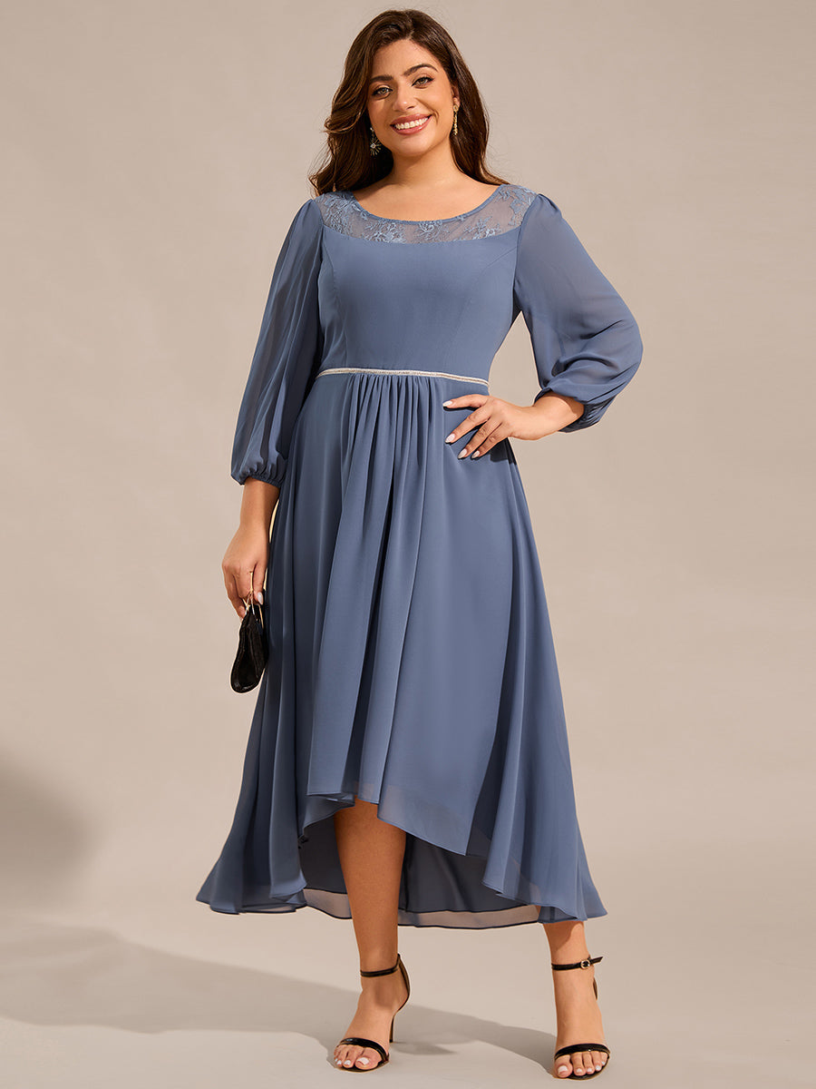 Round Neck Long Sleeve Chiffon High Low Wedding Guest Dress #color_Dusty Navy