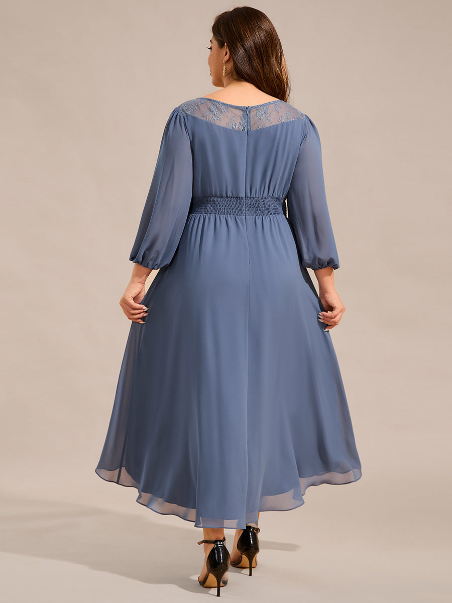 Round Neck Long Sleeve Chiffon High Low Wedding Guest Dress #color_Dusty Blue