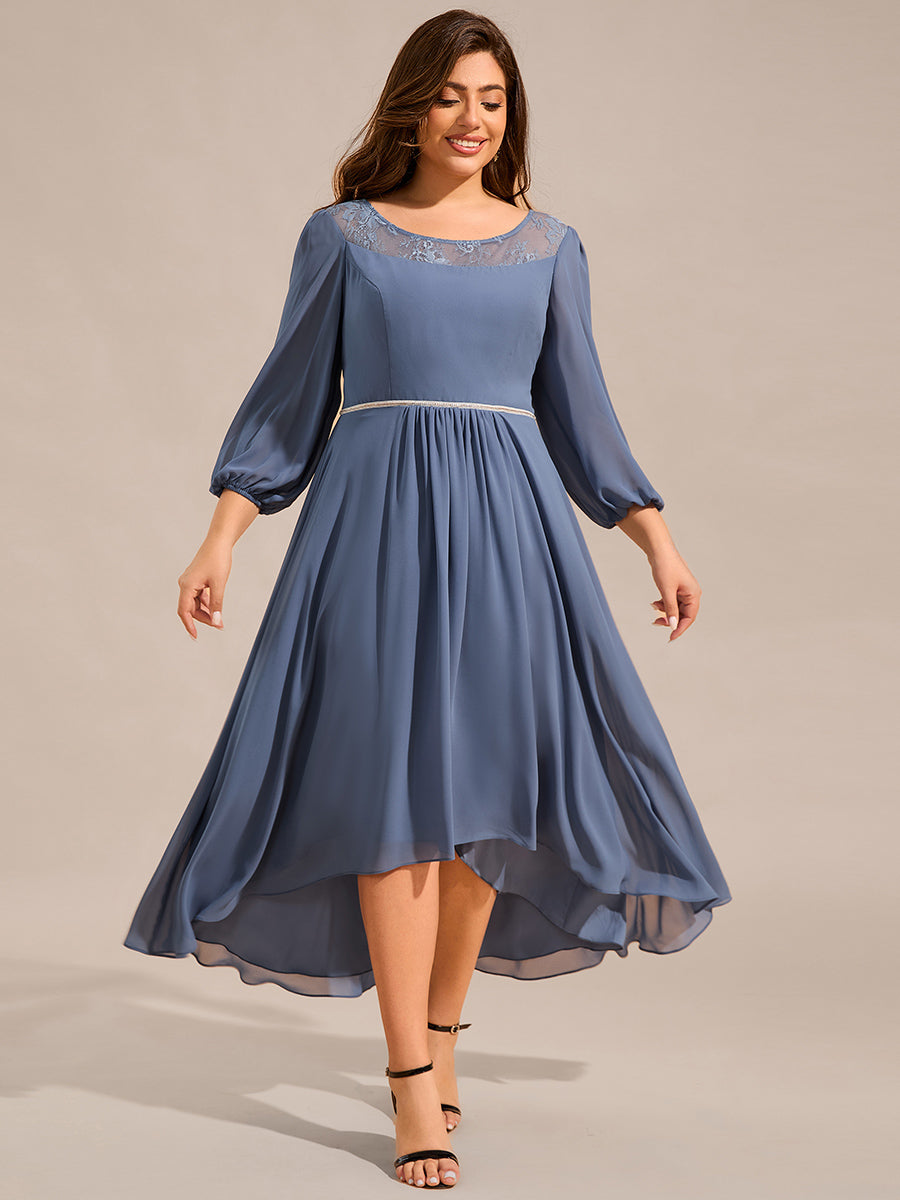 Round Neck Long Sleeve Chiffon High Low Wedding Guest Dress #color_Dusty Blue