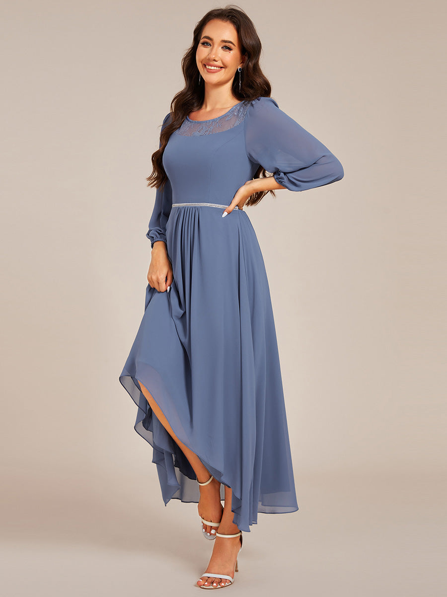 Round Neck Long Sleeve Chiffon High Low Wedding Guest Dress #color_Dusty Blue