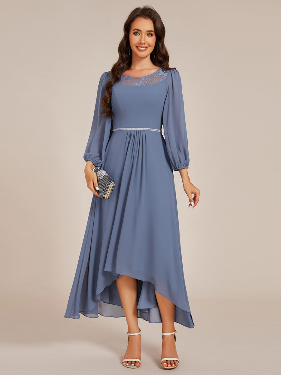 Round Neck Long Sleeve Chiffon High Low Wedding Guest Dress #color_Dusty Navy